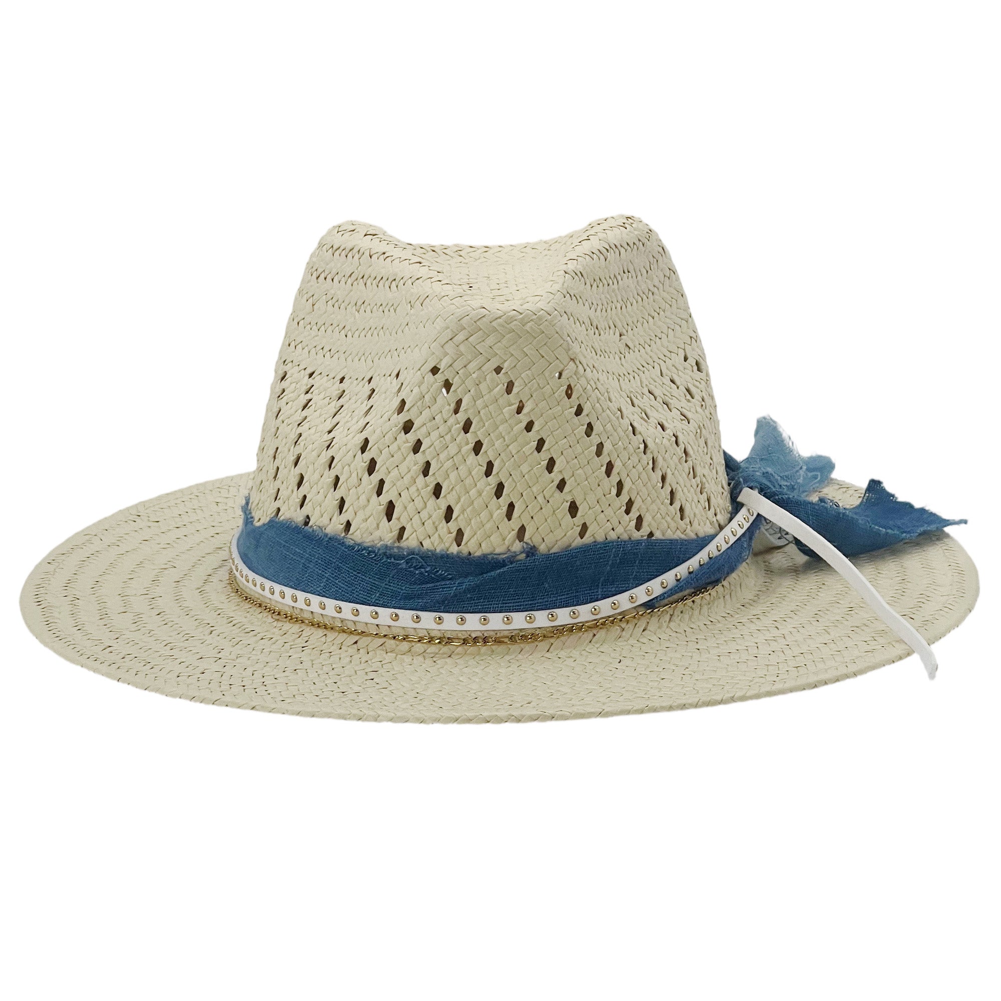 Light Neutral Hat – Blue Fabric & White Strap
