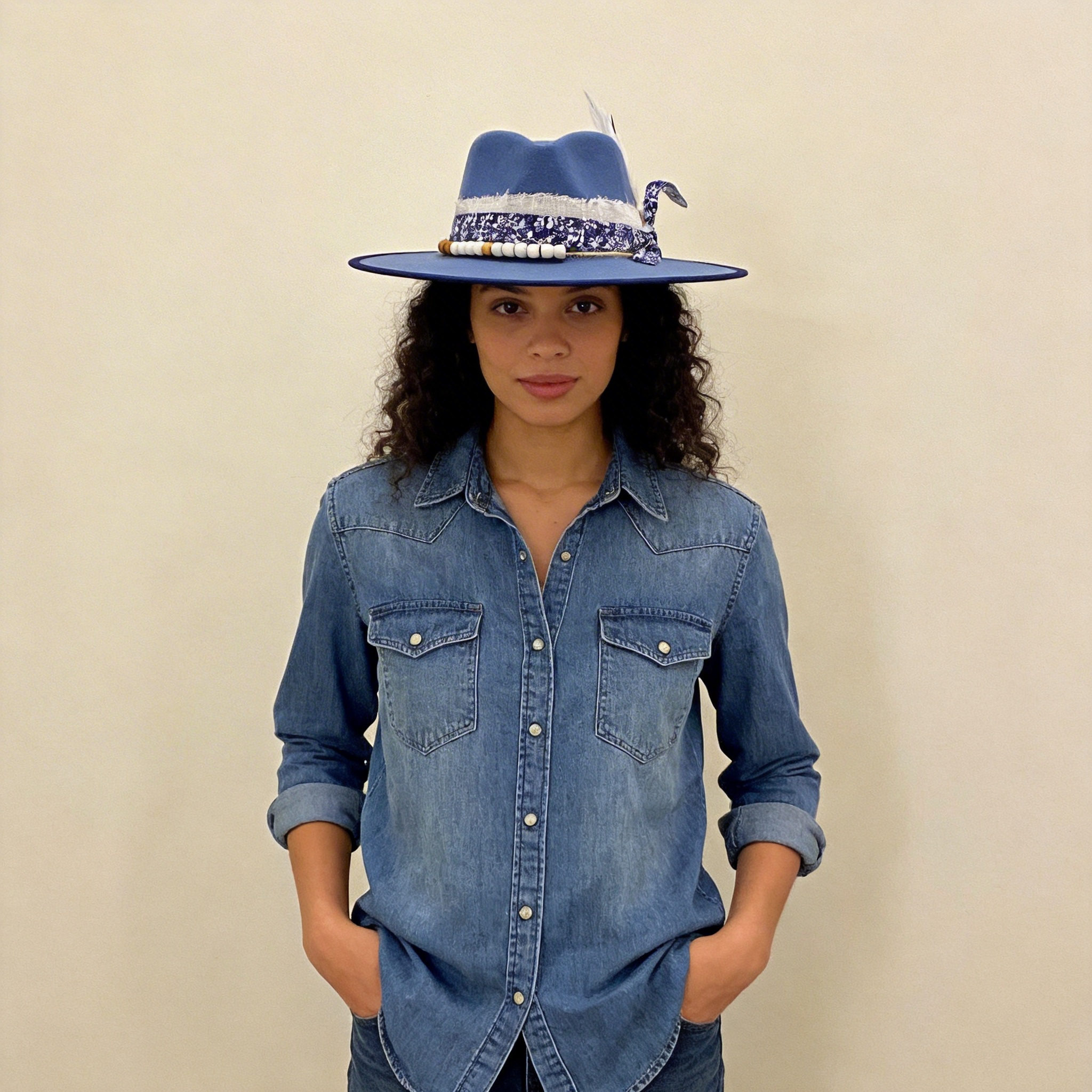 Denim Blue Wide-Brim – Print, Feather & Beads
