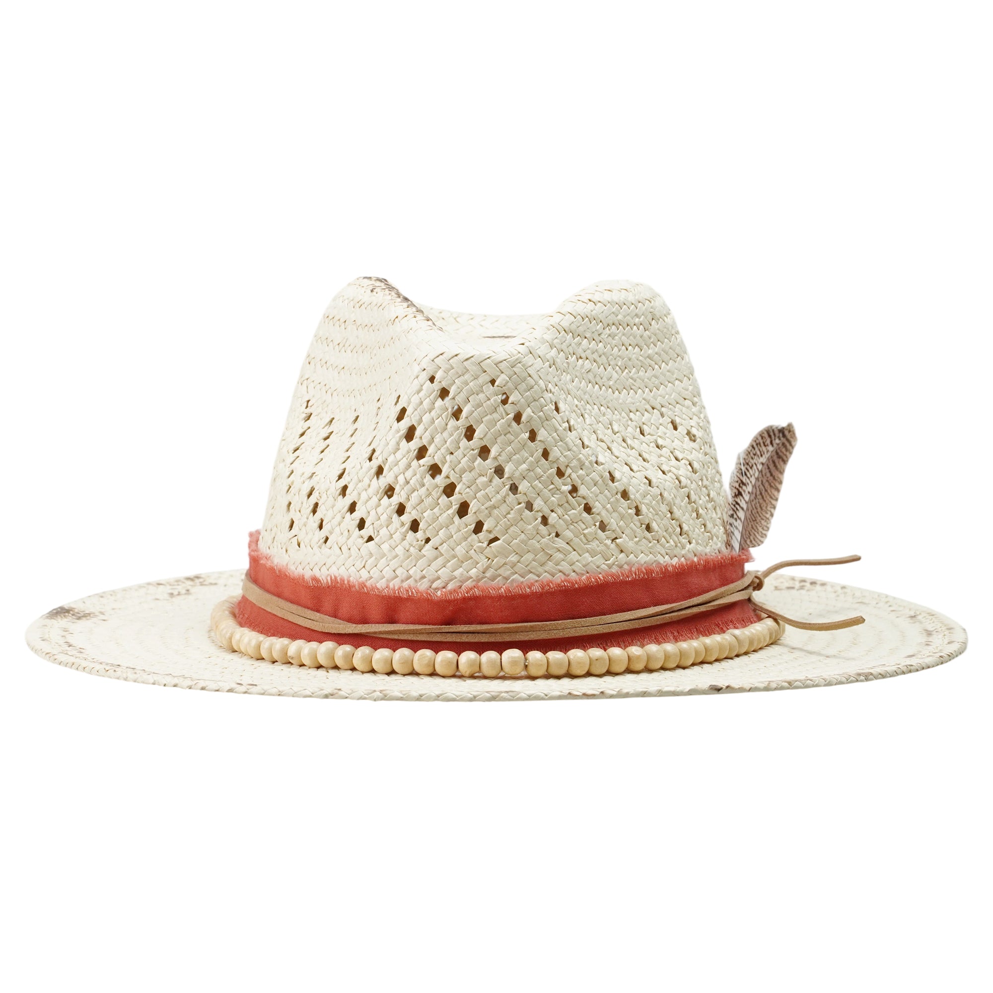 Distressed Straw Hat – Beaded Band, Feather Accent
