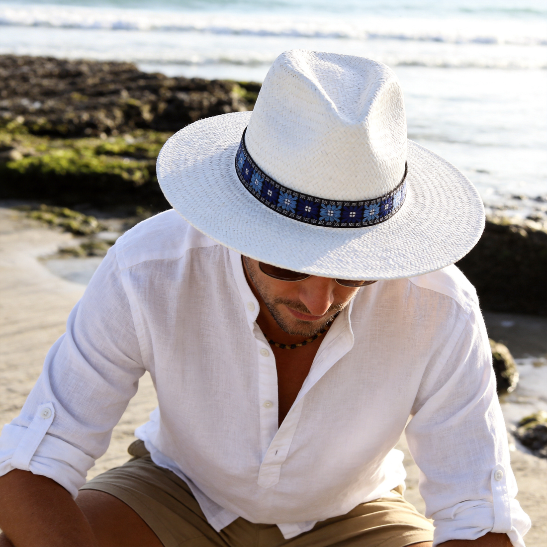 Straw Hat with Patterned Fabric Band