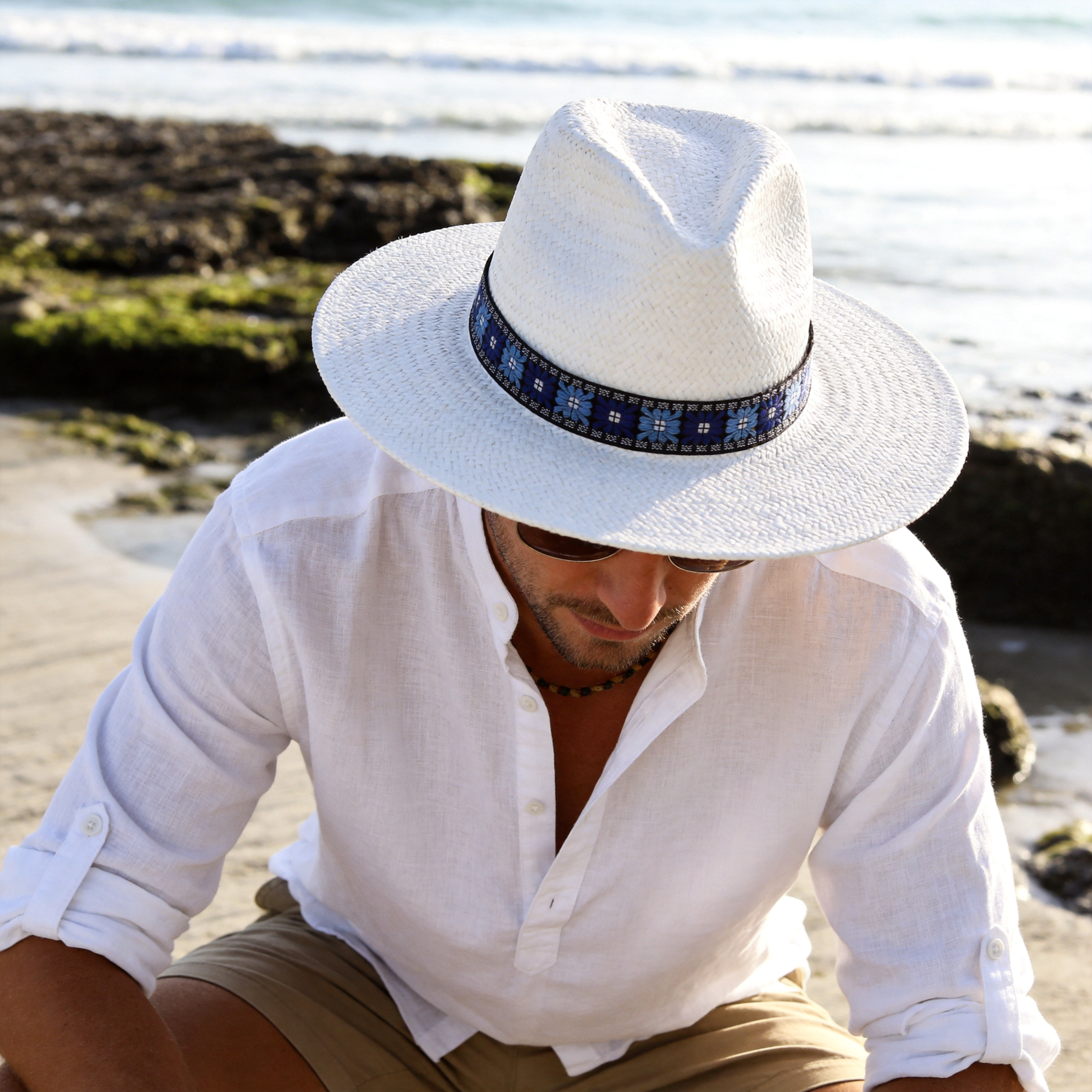 Straw Hat with Patterned Fabric Band