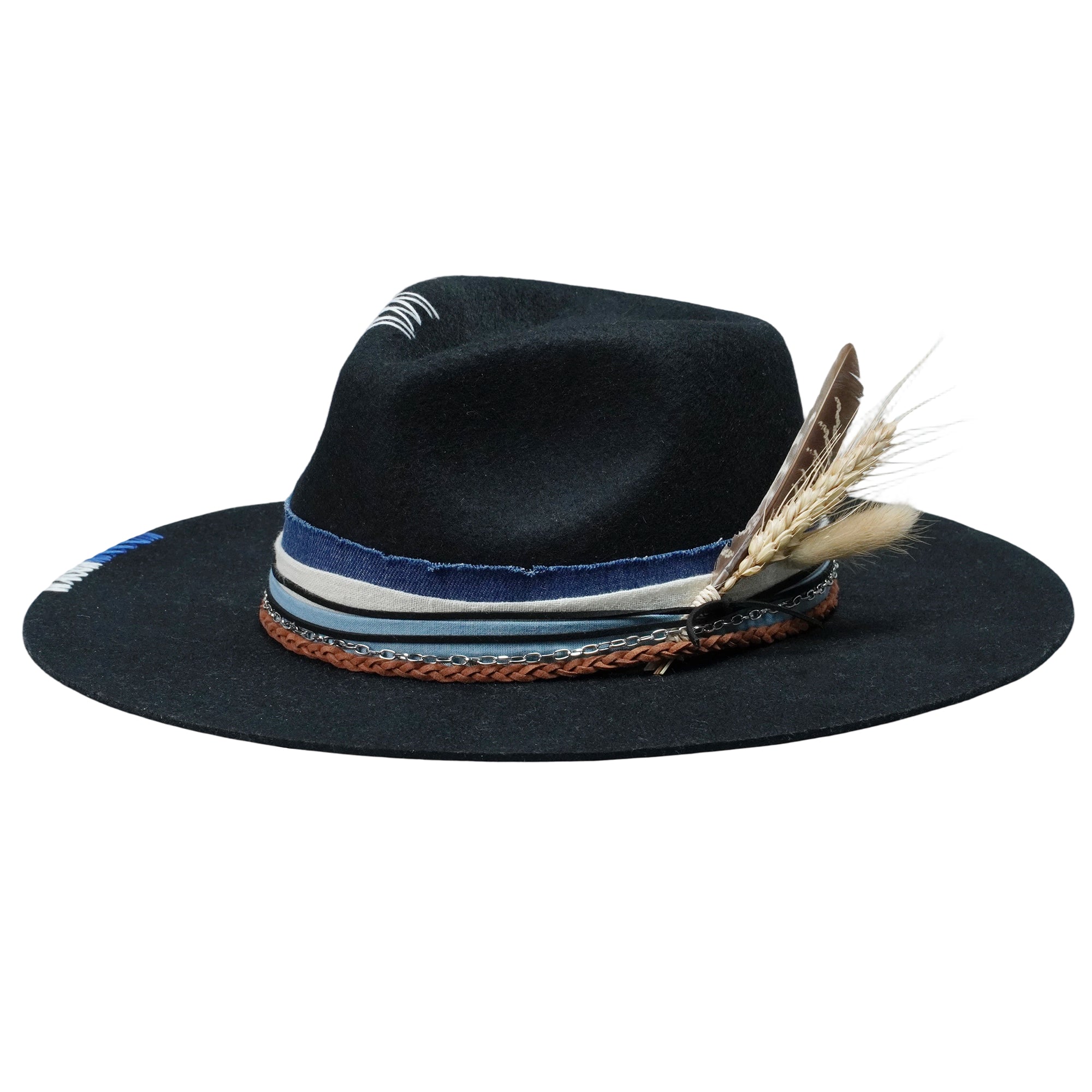 Black Felt Fedora with Braided Leather & Wheat
