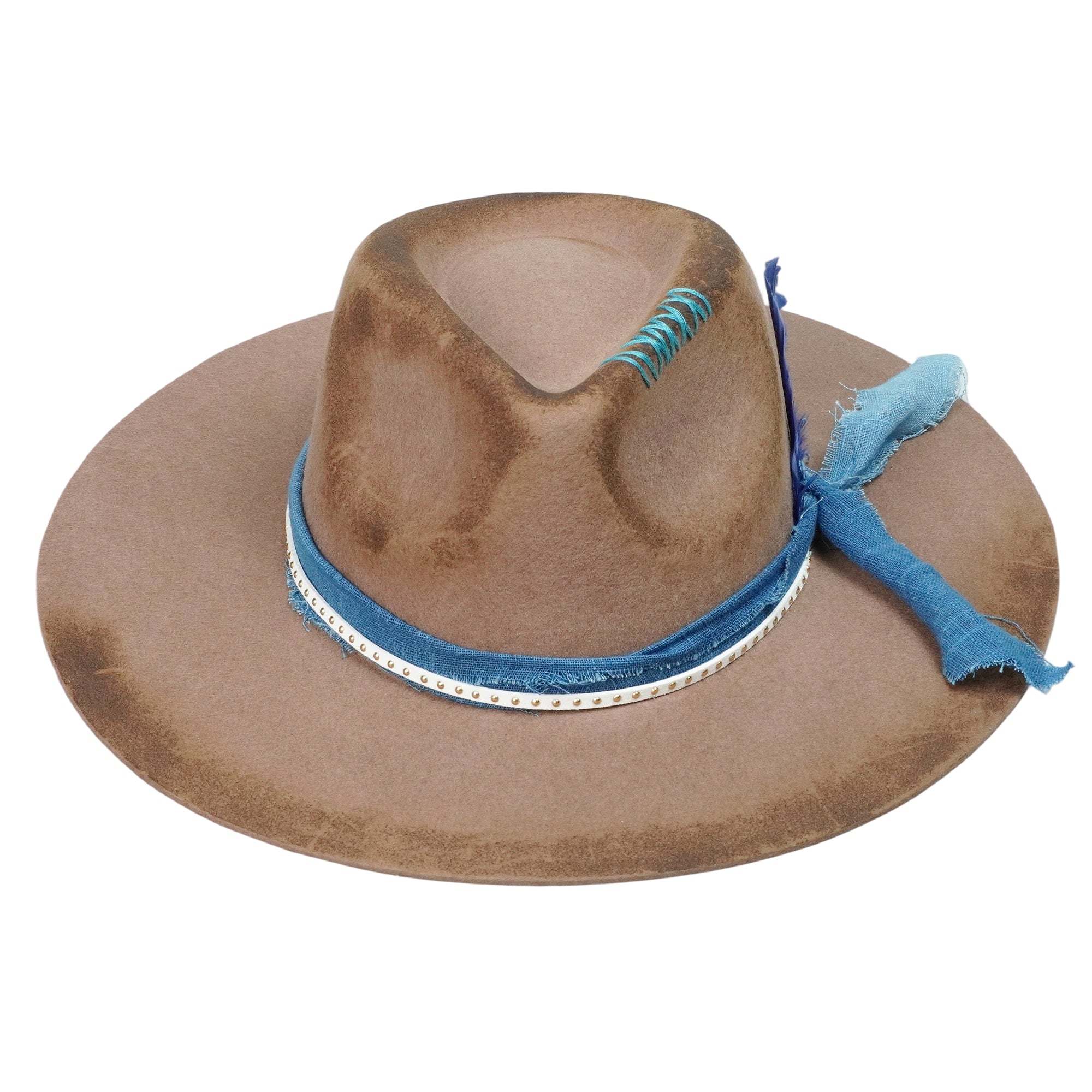 Hand-Burned Camel Felt Hat – Fabric Band, Feather Accent