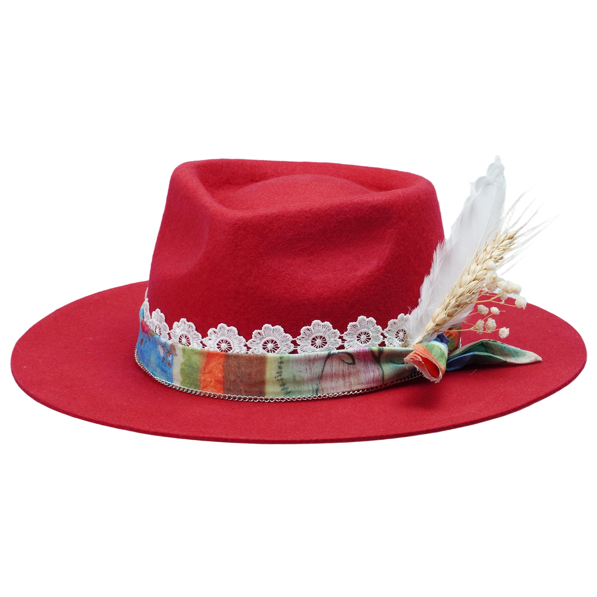 Red Straight Brim Felt Hat with Lace & Floral Band
