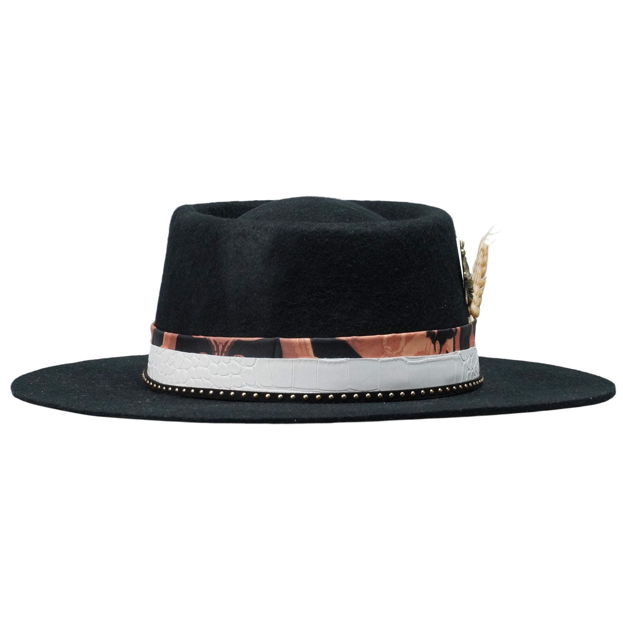 Rustic Black Hat: Wheat Design, Metal Trim