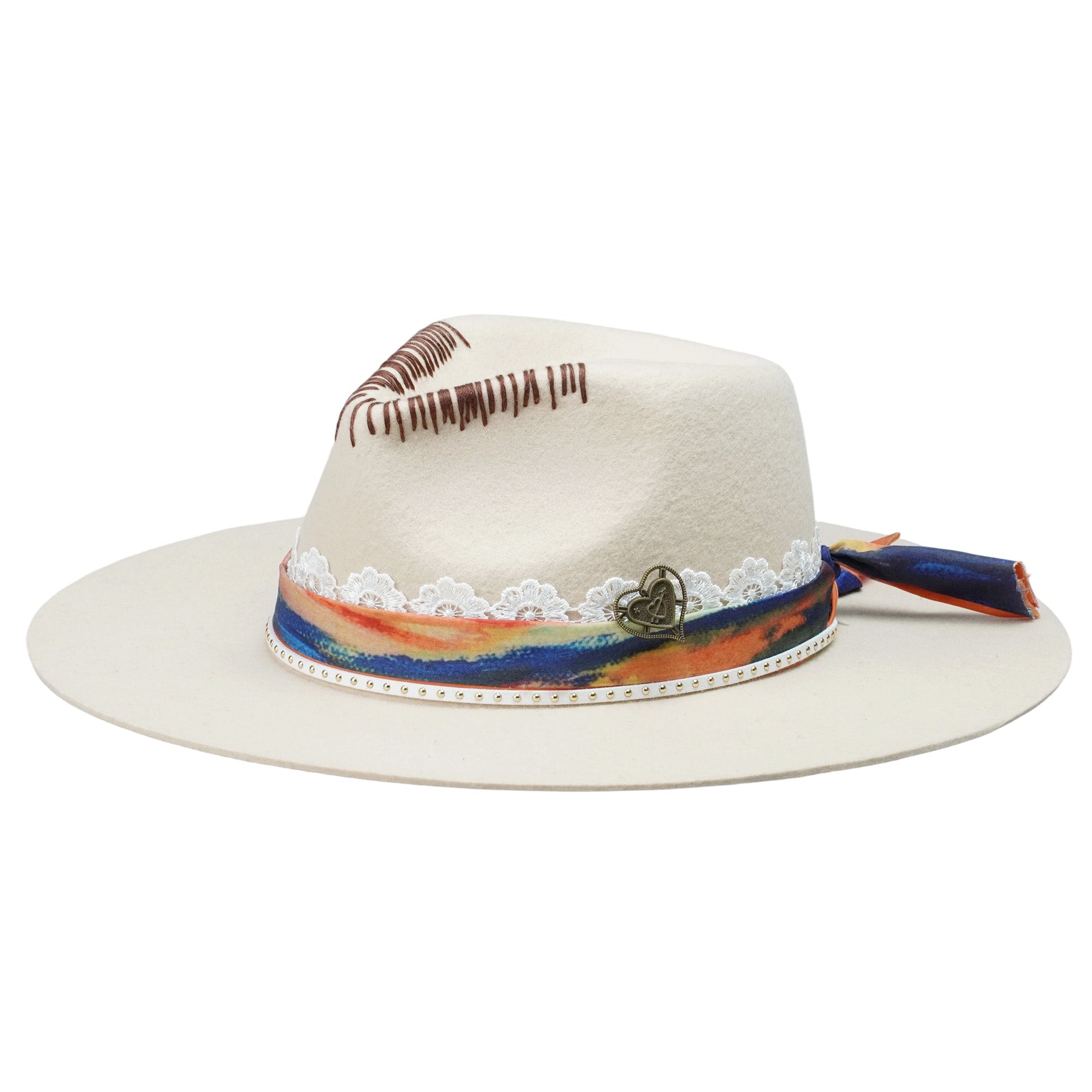 Off-White Felt Hat - Stitched Crown with Lace & Coppery Accent