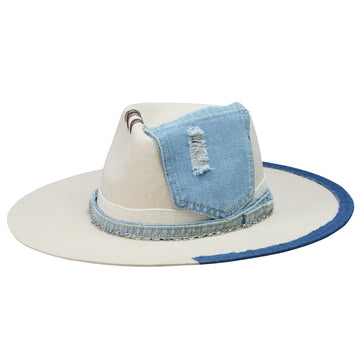 Cream Felt Fedora with Denim & Silver Chain