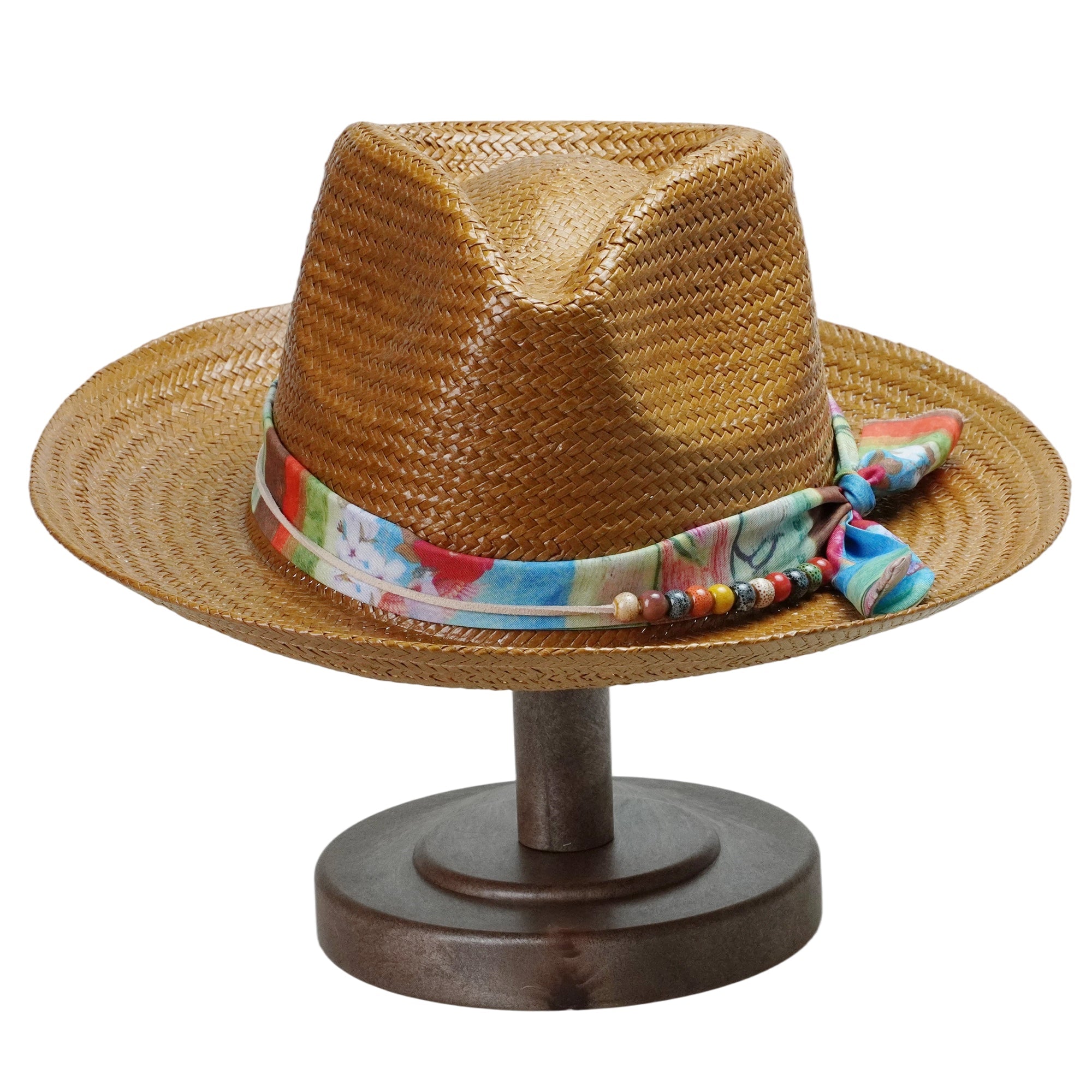 Caramel Straw Hat with Colorful Fabric Band & Beads