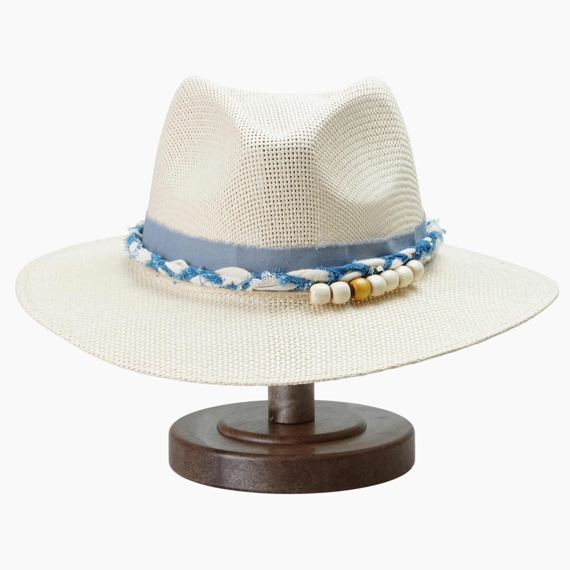 Two-Tone Straw Fedora with Blue Frayed Band & Beaded Detail