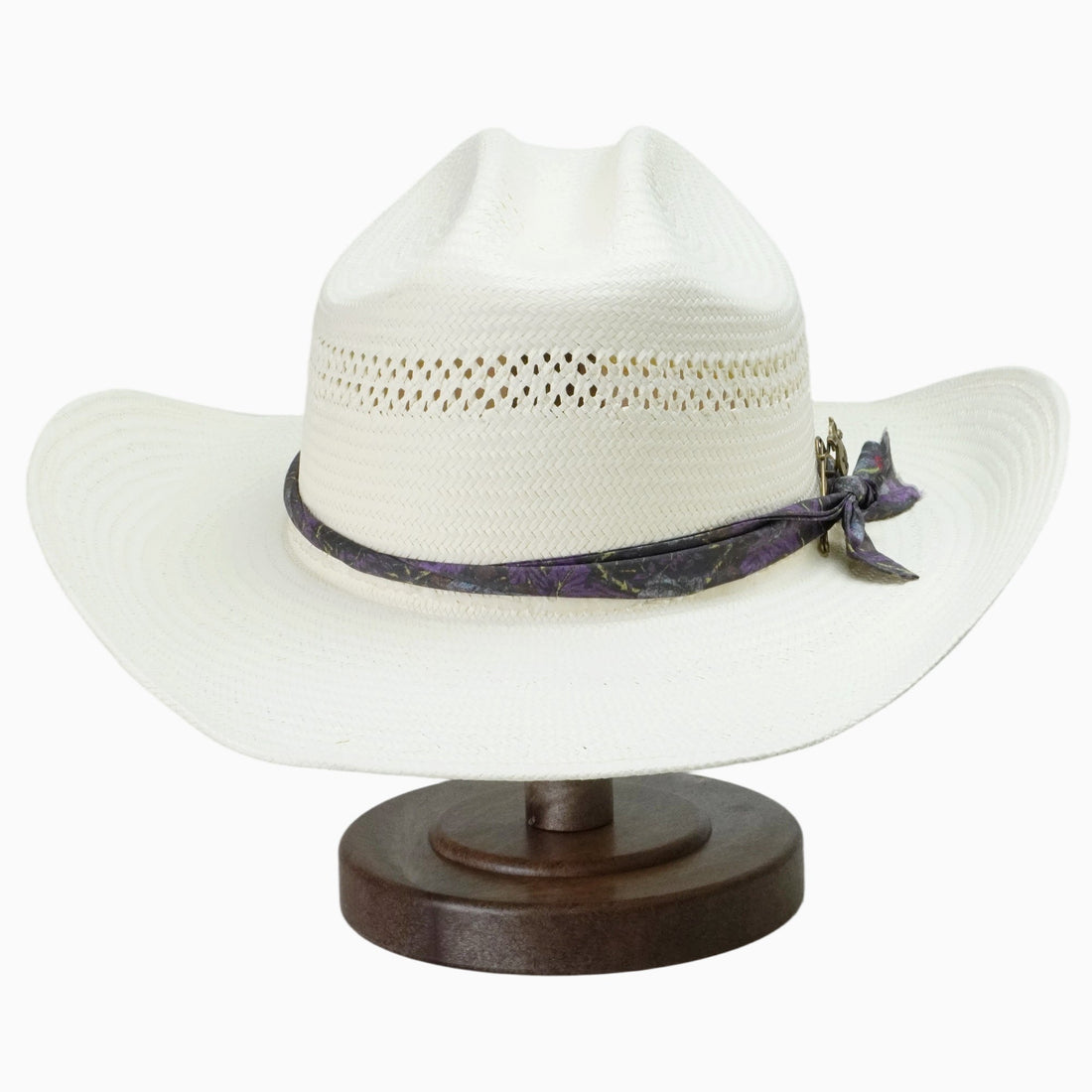 Off-White Breathable Straw Fedora with Patterned Ribbon & Bronze Cat Pin