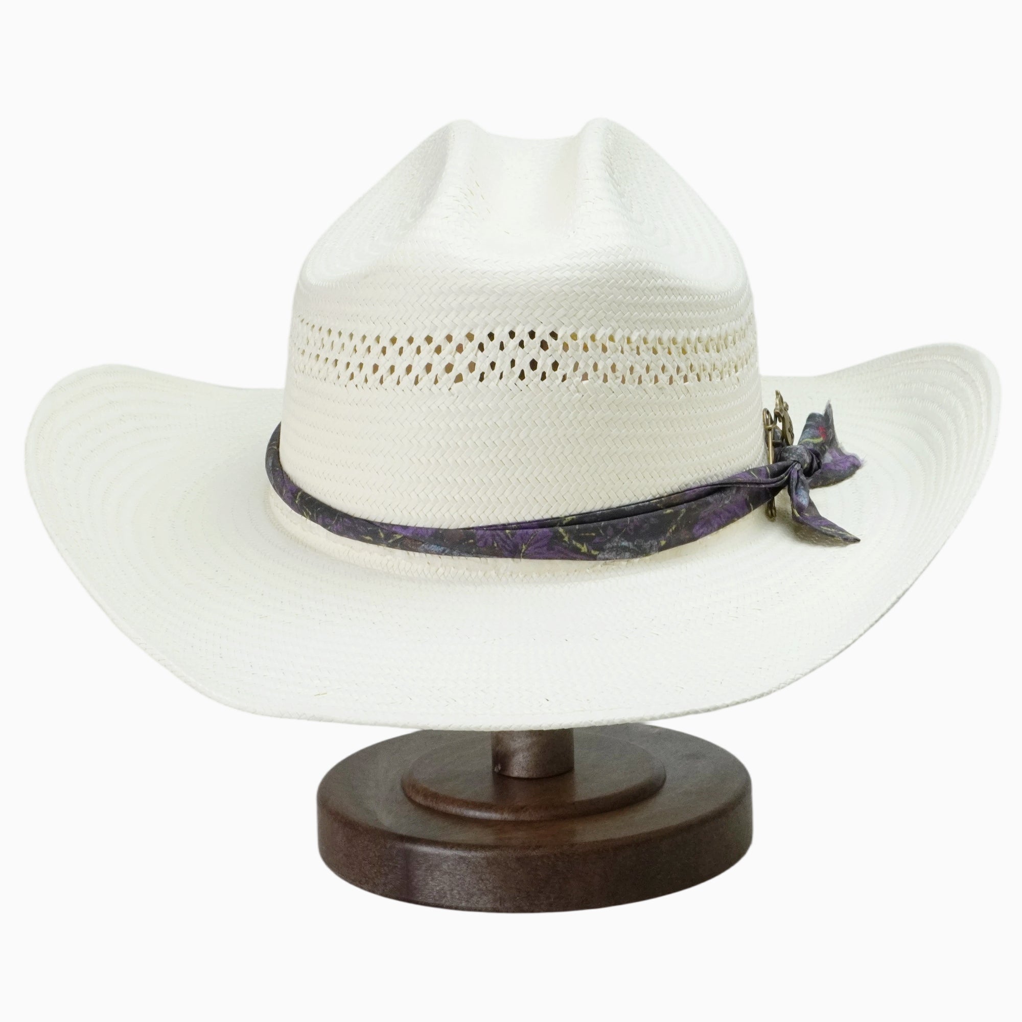 Off-White Breathable Straw Fedora with Patterned Ribbon & Bronze Cat Pin