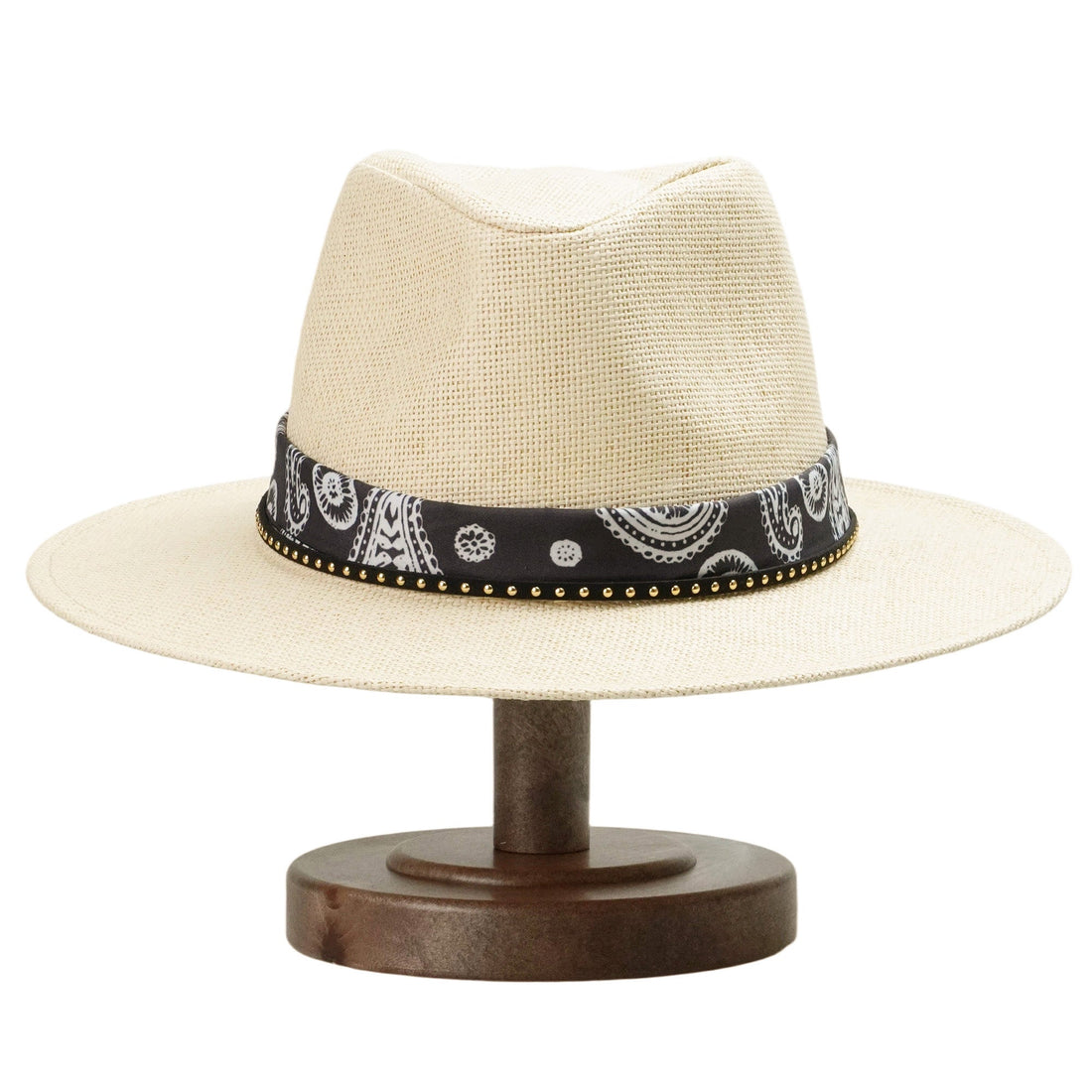Off-White Straw Hat with Black & White Pattern Band