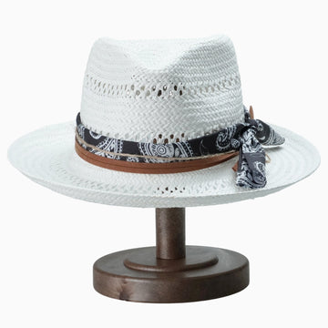 White Breathable Straw Fedora with Classic Paisley Band & Leather Cord