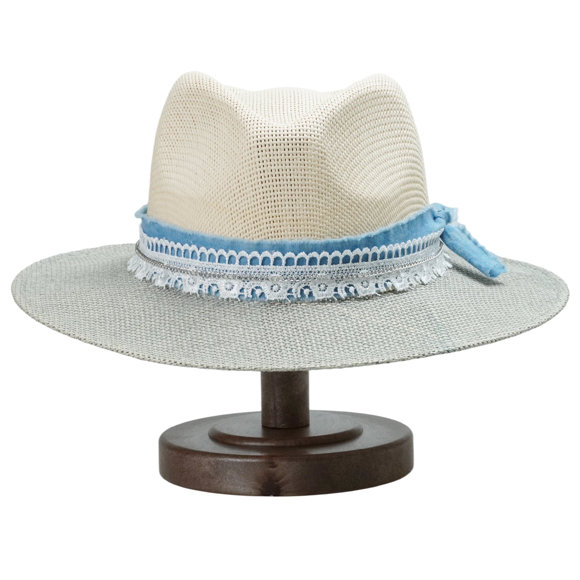 Two-Tone Straw Hat with Denim Band & Silver Chain