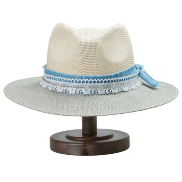 Two-Tone Straw Hat with Denim Band & Silver Chain
