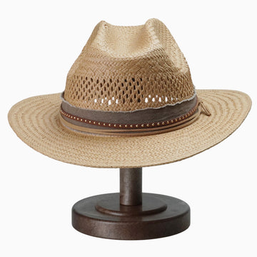 Light Brown Breathable Straw Fedora with Studded Leather-Trim Band
