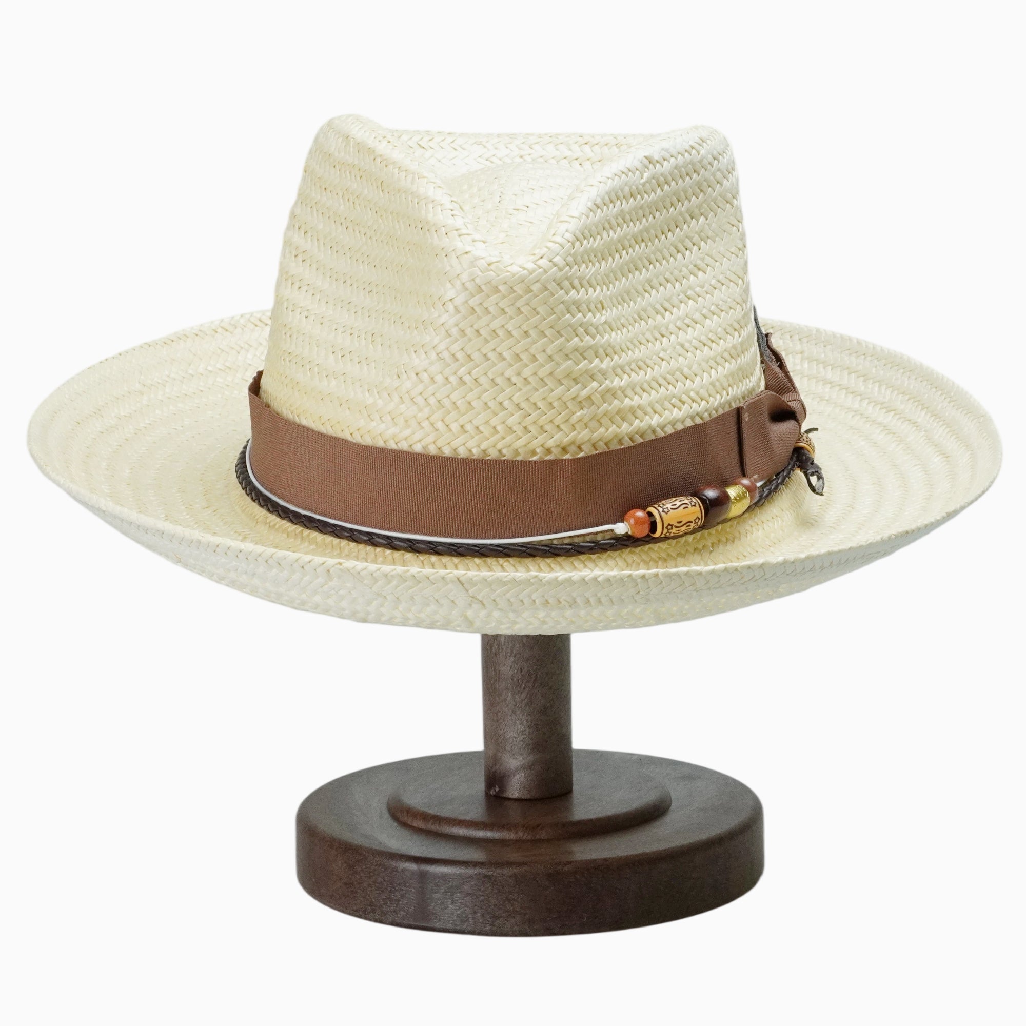 Beige Breathable Straw Fedora with Brown Ribbon & Beaded Cord Accent
