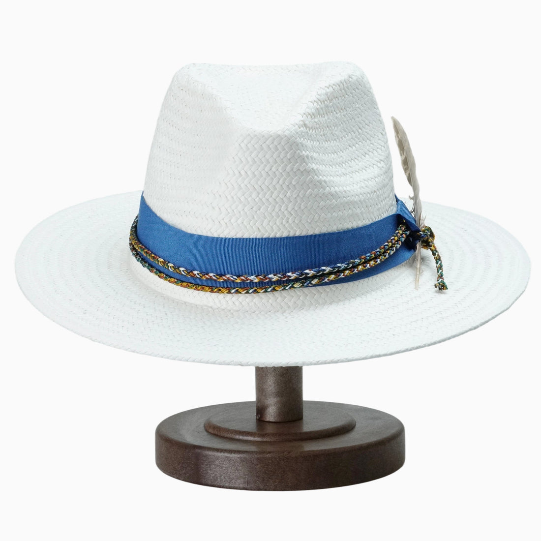 White Breathable Straw Fedora with Blue Ribbon, Braided Cord & Feather Trim
