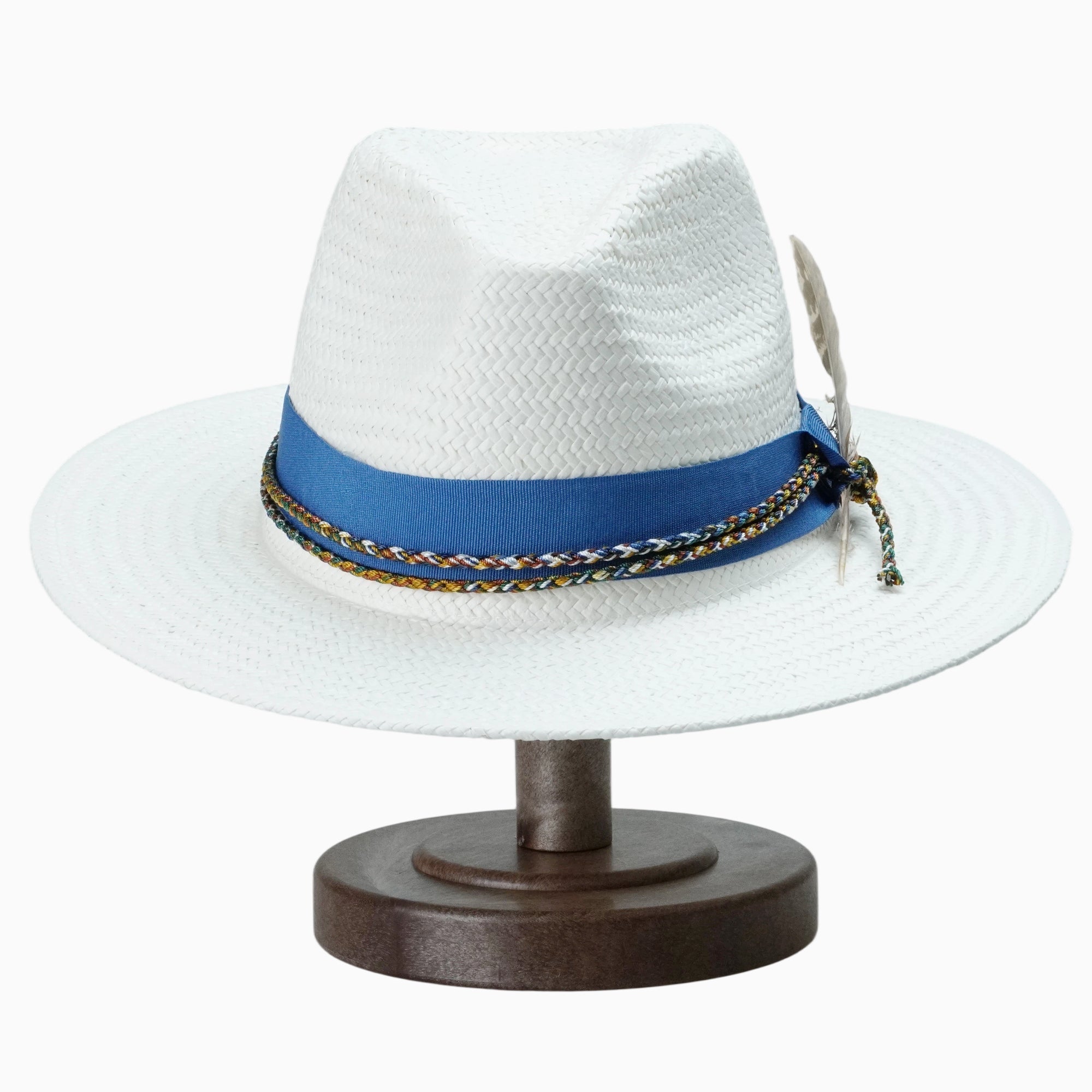 White Breathable Straw Fedora with Blue Ribbon, Braided Cord & Feather Trim