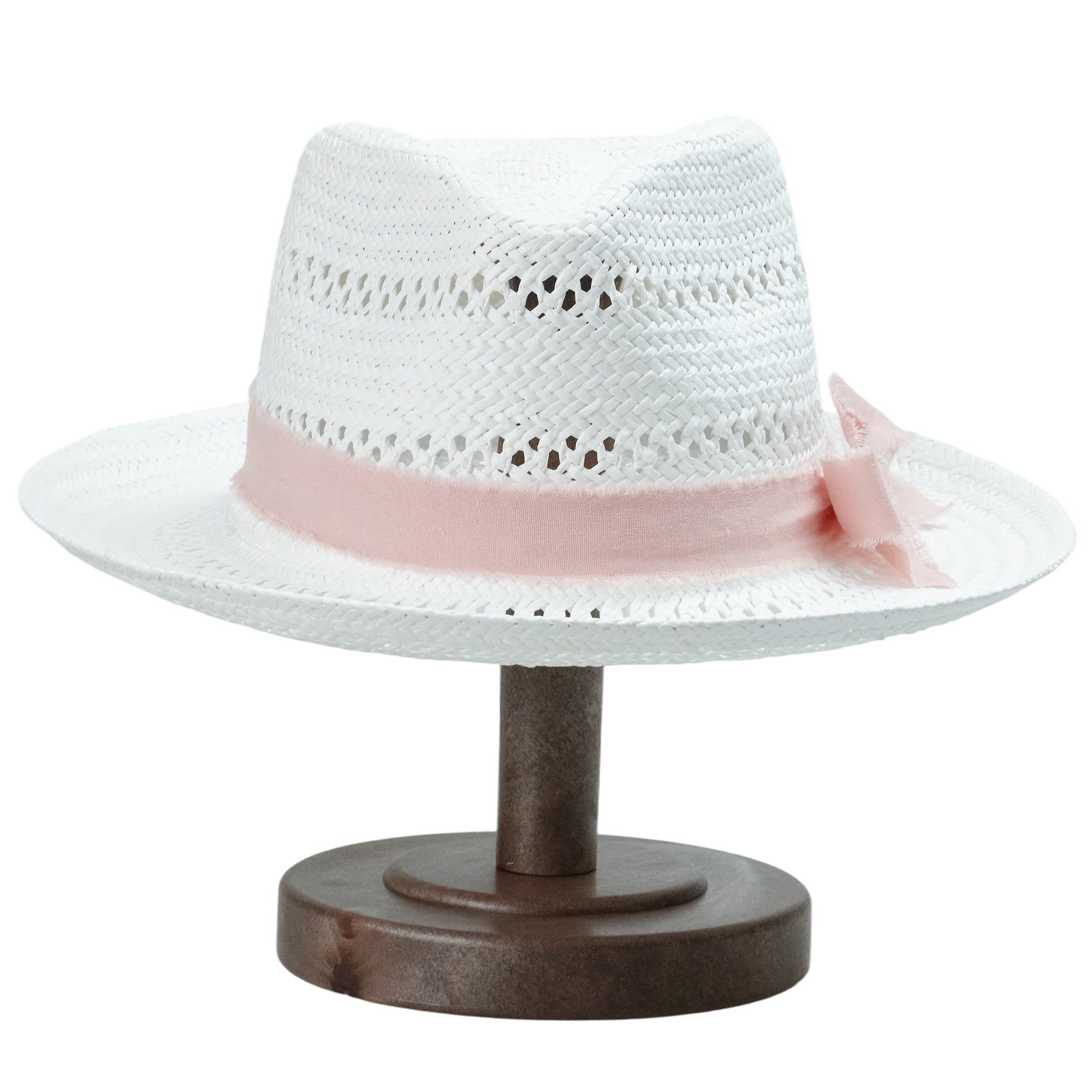 White Straw Hat with Cutout Crown & Light Pink Bow