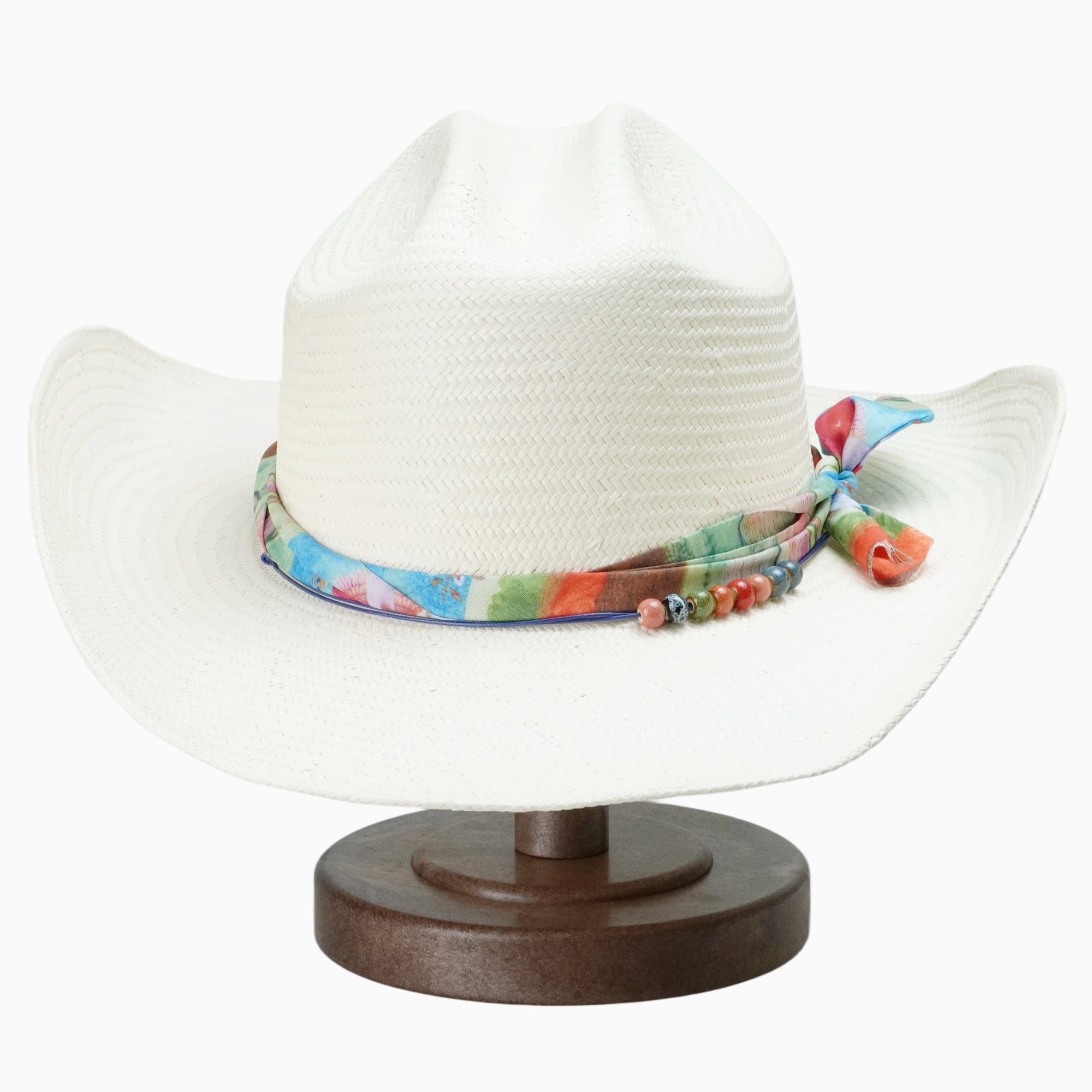 Off-White Breathable Straw Fedora with Vibrant Printed Band & Colorful Beads