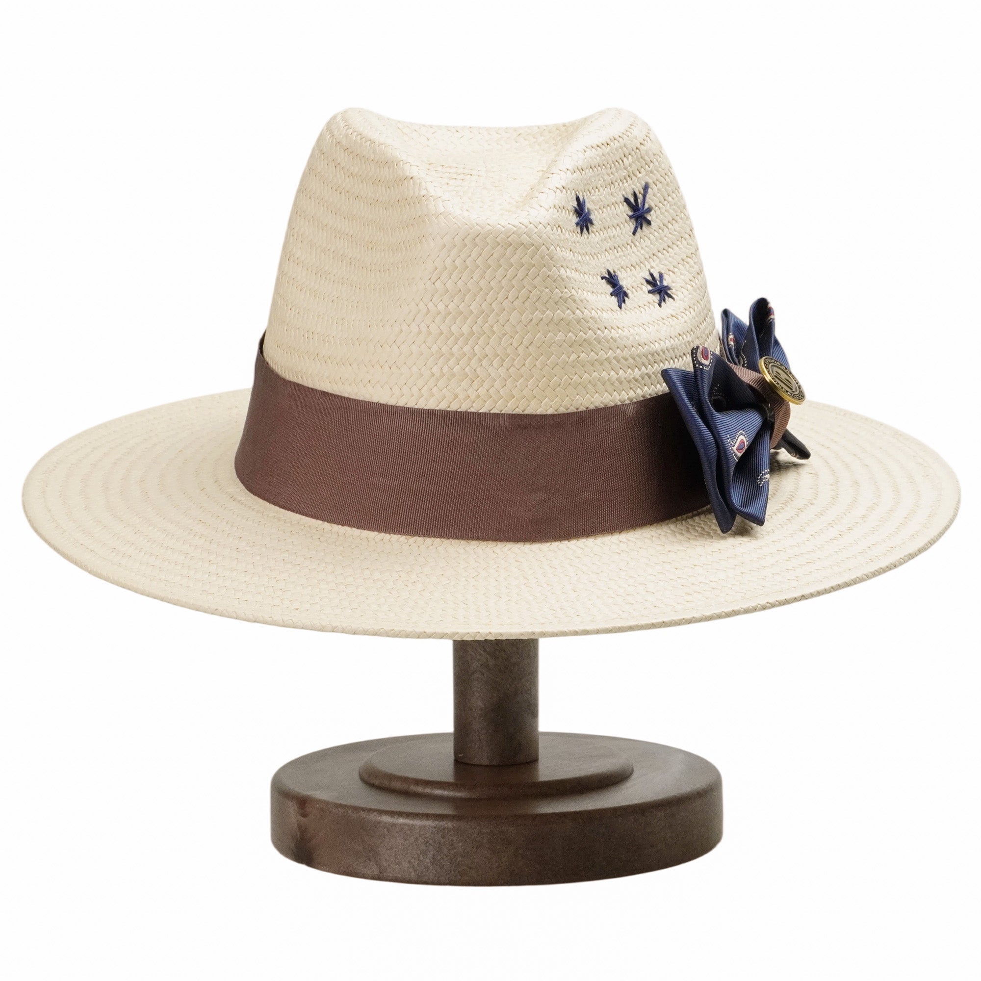 Beige Straw Hat with Delicate Bow & Star Stitching