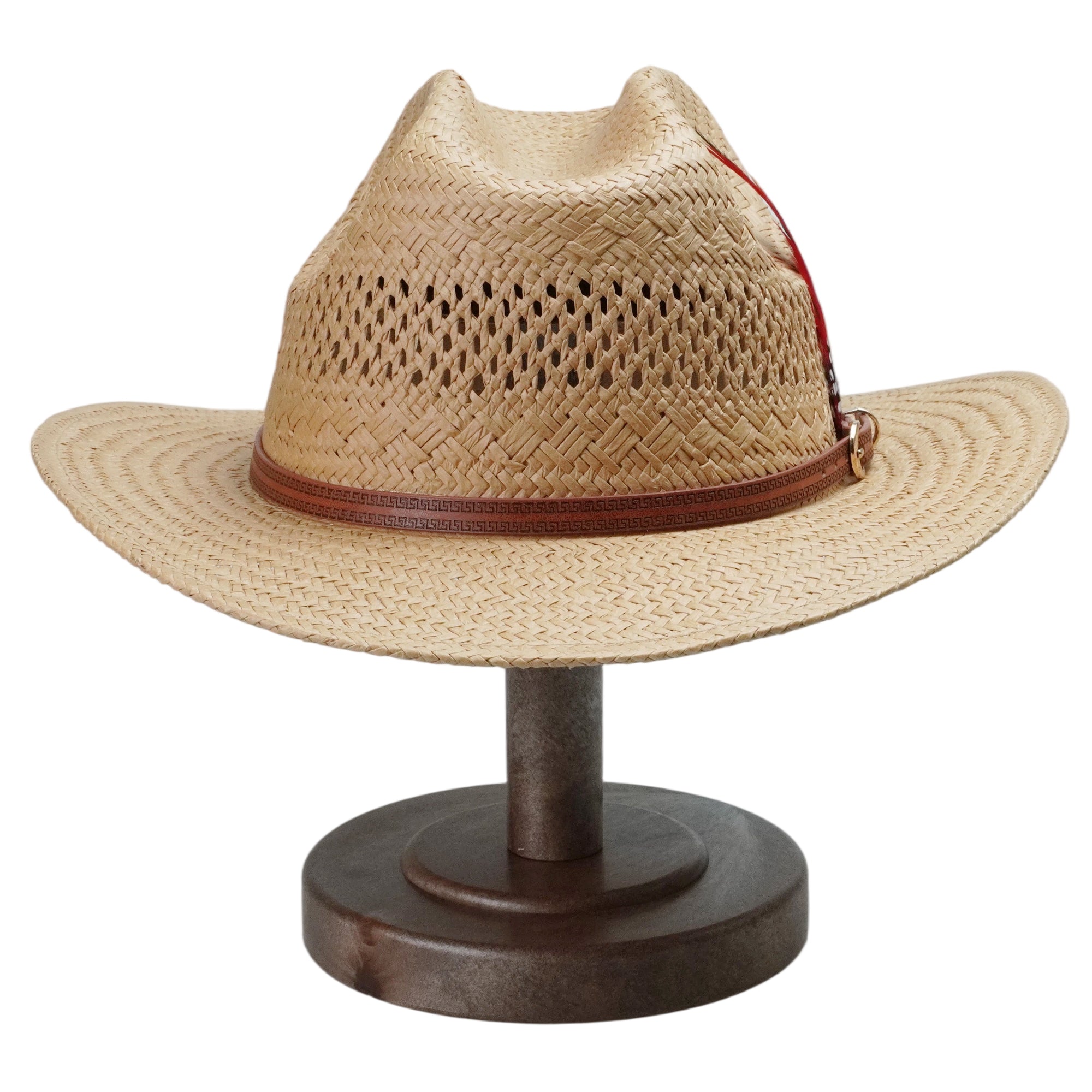 Light Brown Straw Hat with Printed Leather Band & Feather