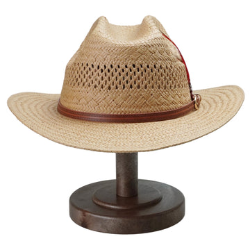 Light Brown Straw Hat with Printed Leather Band & Feather