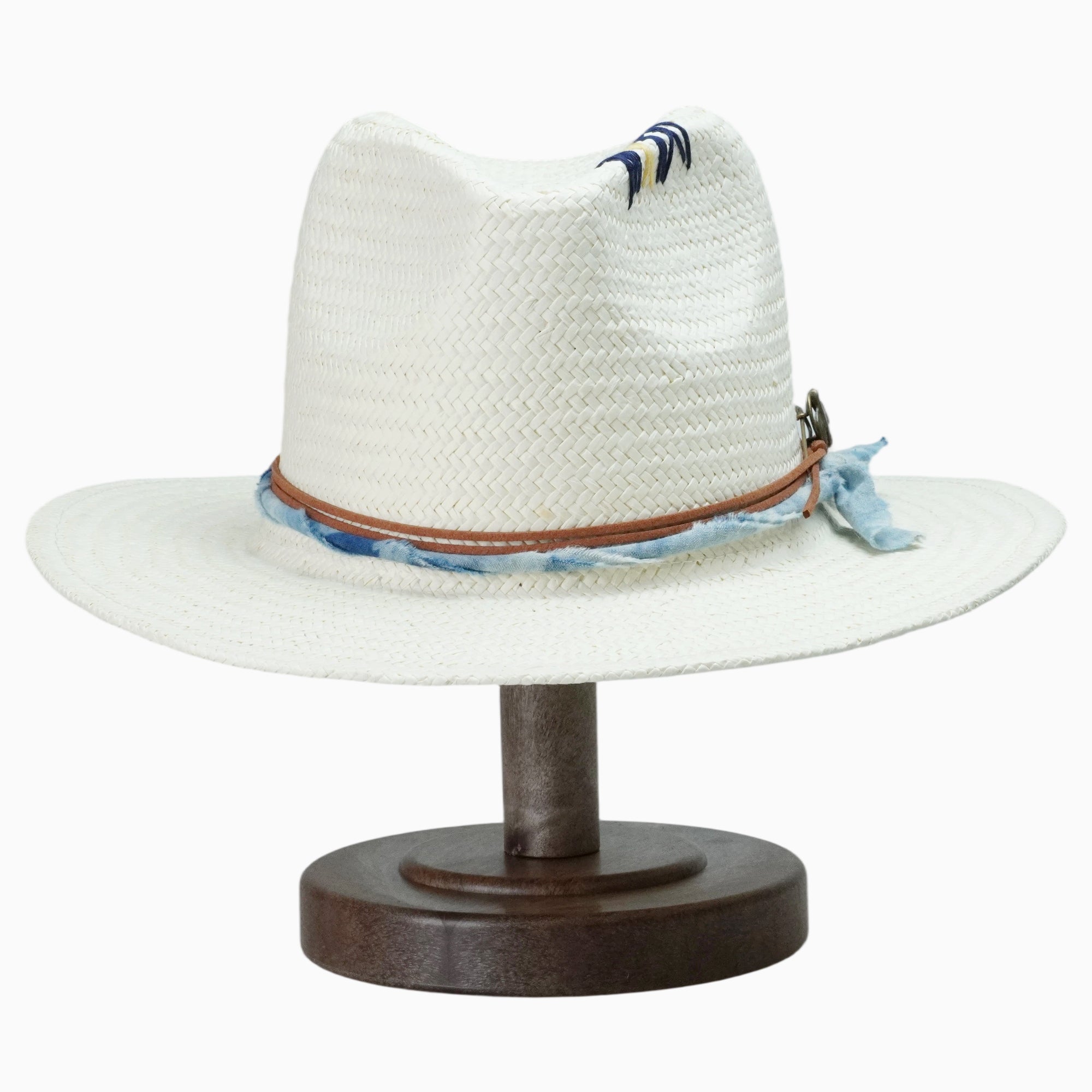 White Breathable Straw Fedora with Tie-Dye Band & Dove Pin