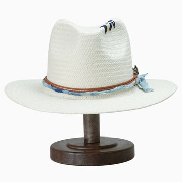 White Breathable Straw Fedora with Tie-Dye Band & Dove Pin
