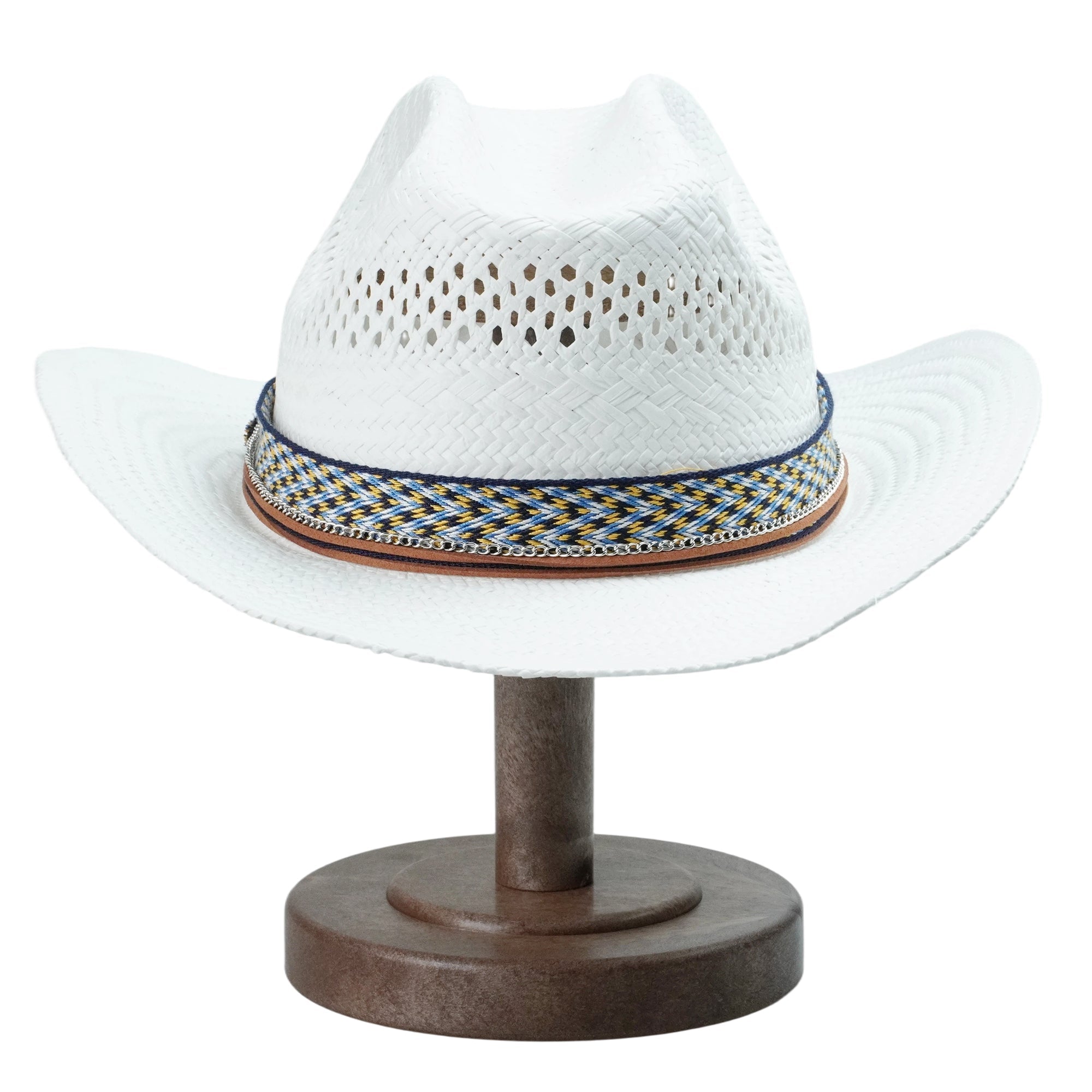 White Straw Hat with Woven Band & Silver Chain