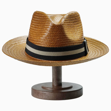 Natural Brown Straw Fedora with Striped Contrast Hatband