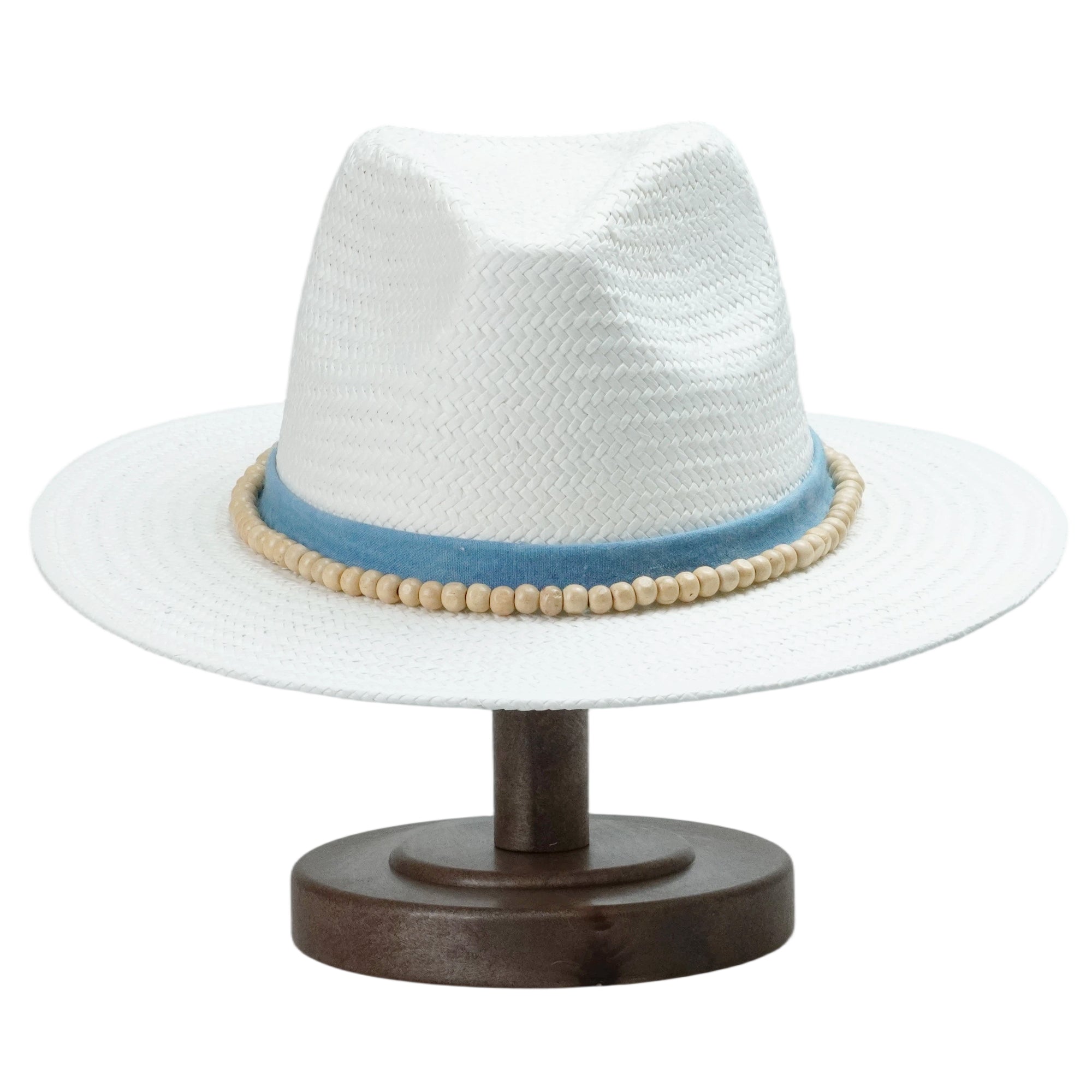 White Straw Hat with Light Blue Band & Wooden Beads