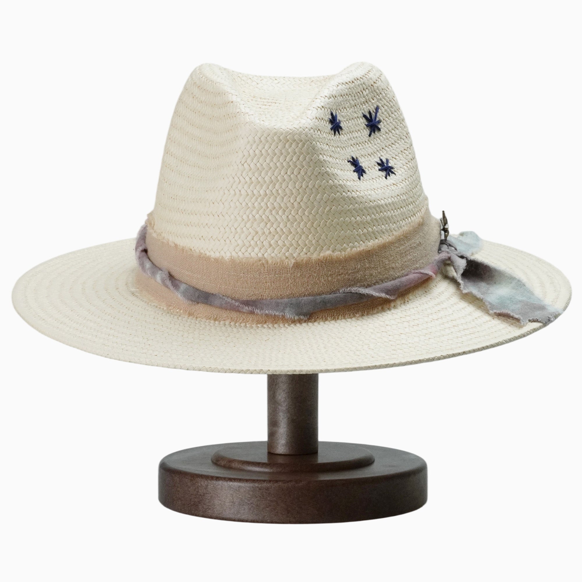 Beige Breathable Straw Fedora with Distressed Fabric & Eagle Charm Band