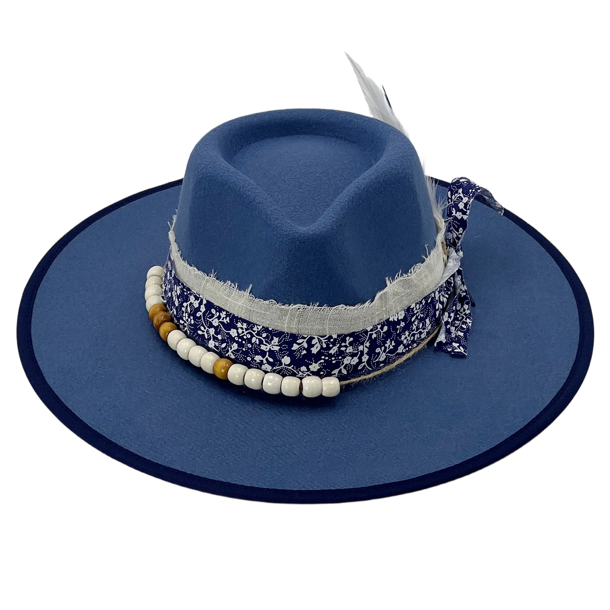 Denim Blue Wide-Brim – Print, Feather & Beads