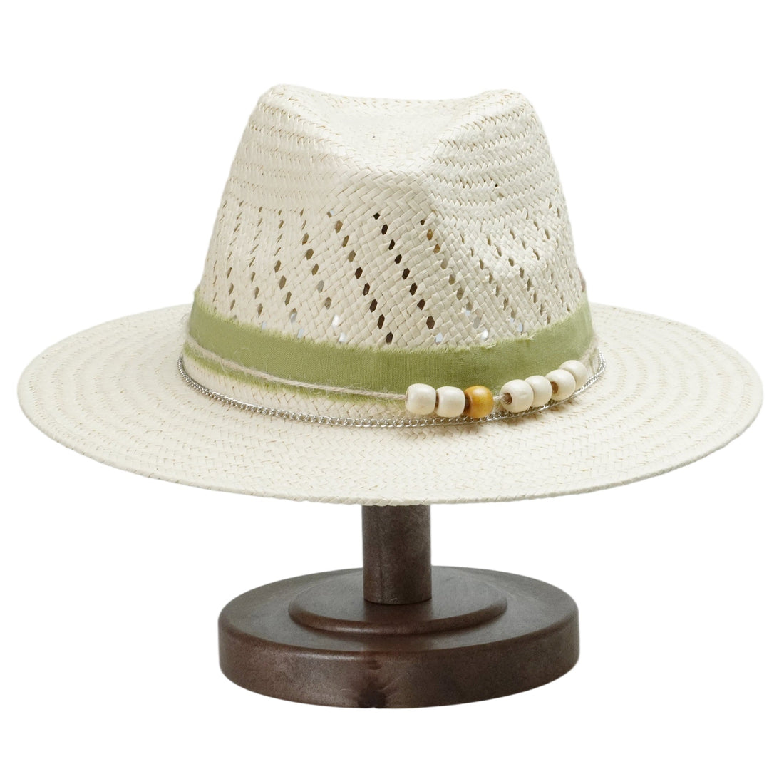 Off-White Straw Hat with Green Fabric Band & Silver Chain