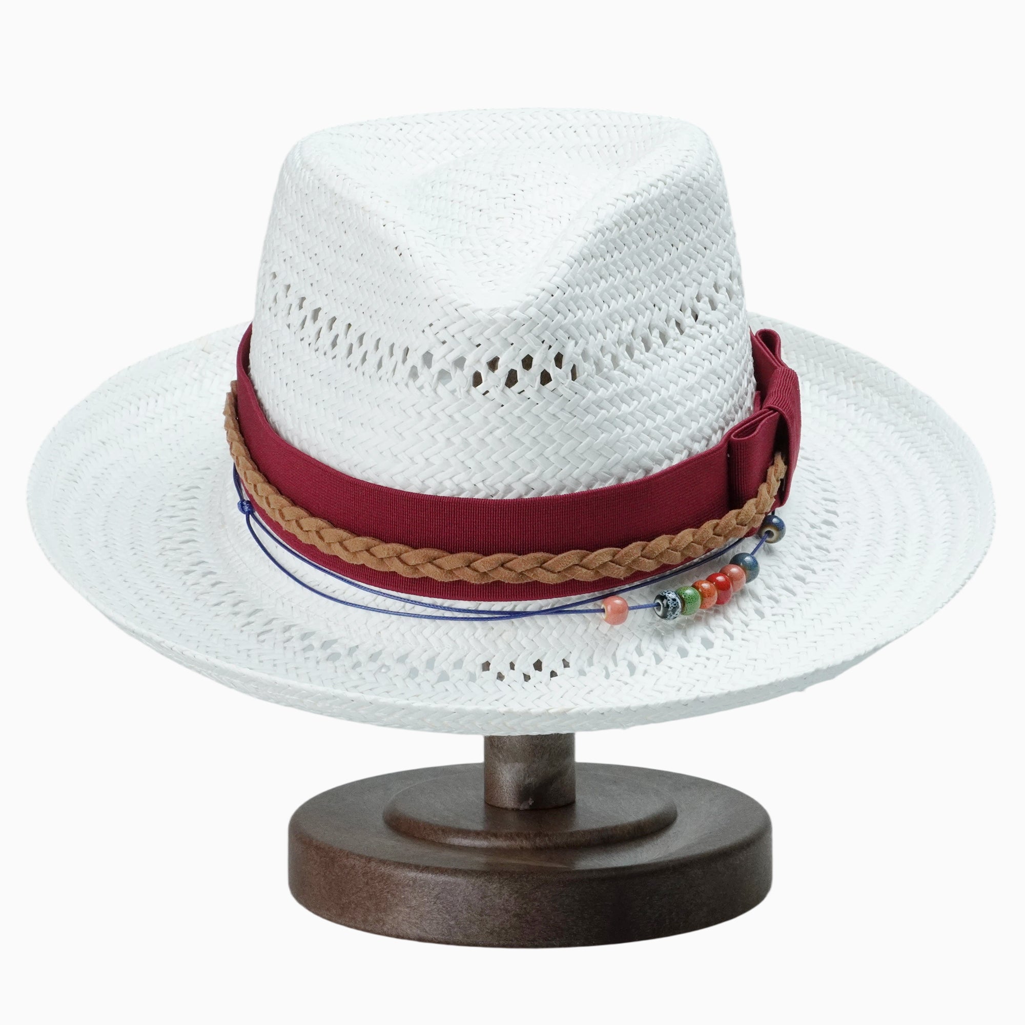 White Breathable Straw Fedora with Burgundy Ribbon & Beaded Cord