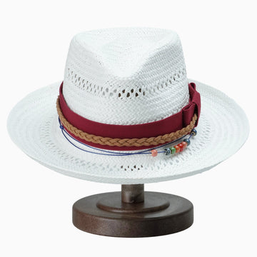 White Breathable Straw Fedora with Burgundy Ribbon & Beaded Cord