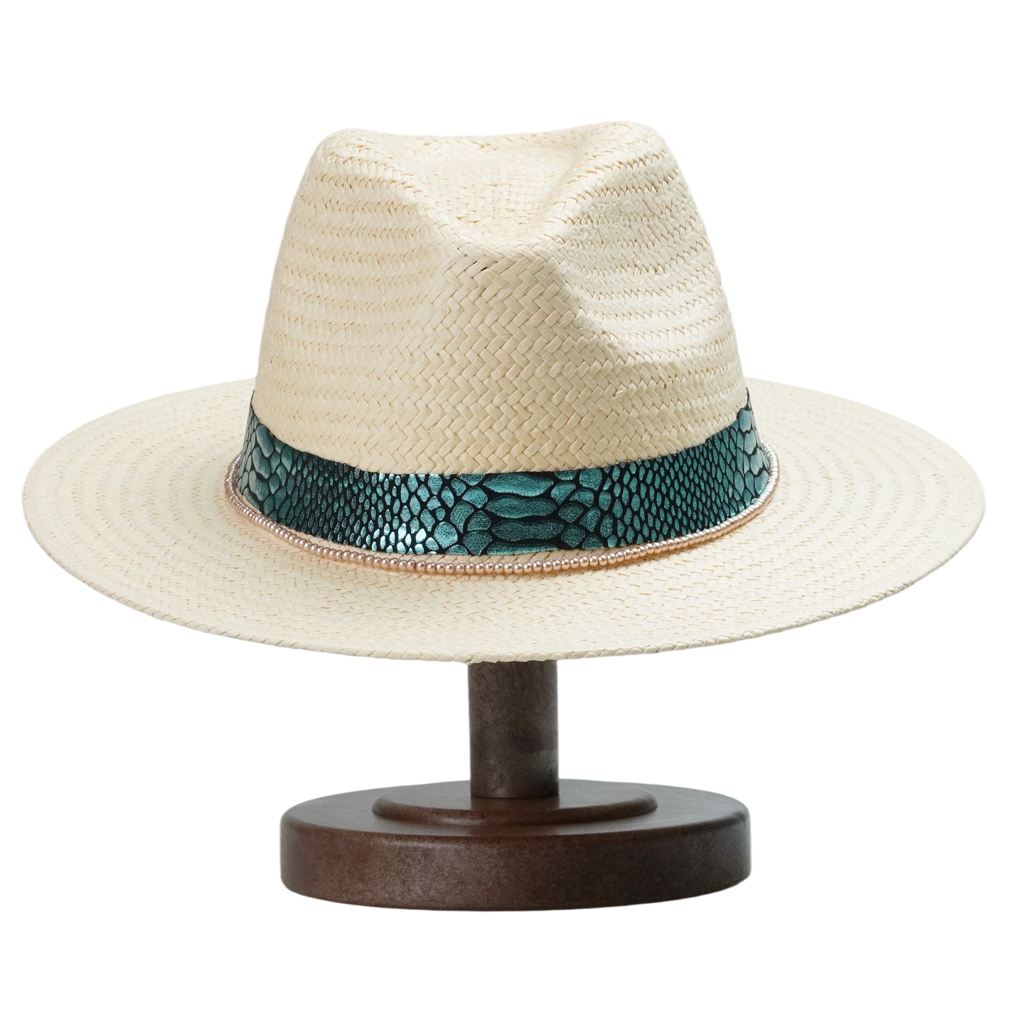 Beige Straw Hat with Champagne Beads & Luxe Fabric Band