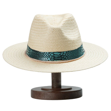 Beige Straw Hat with Champagne Beads & Luxe Fabric Band
