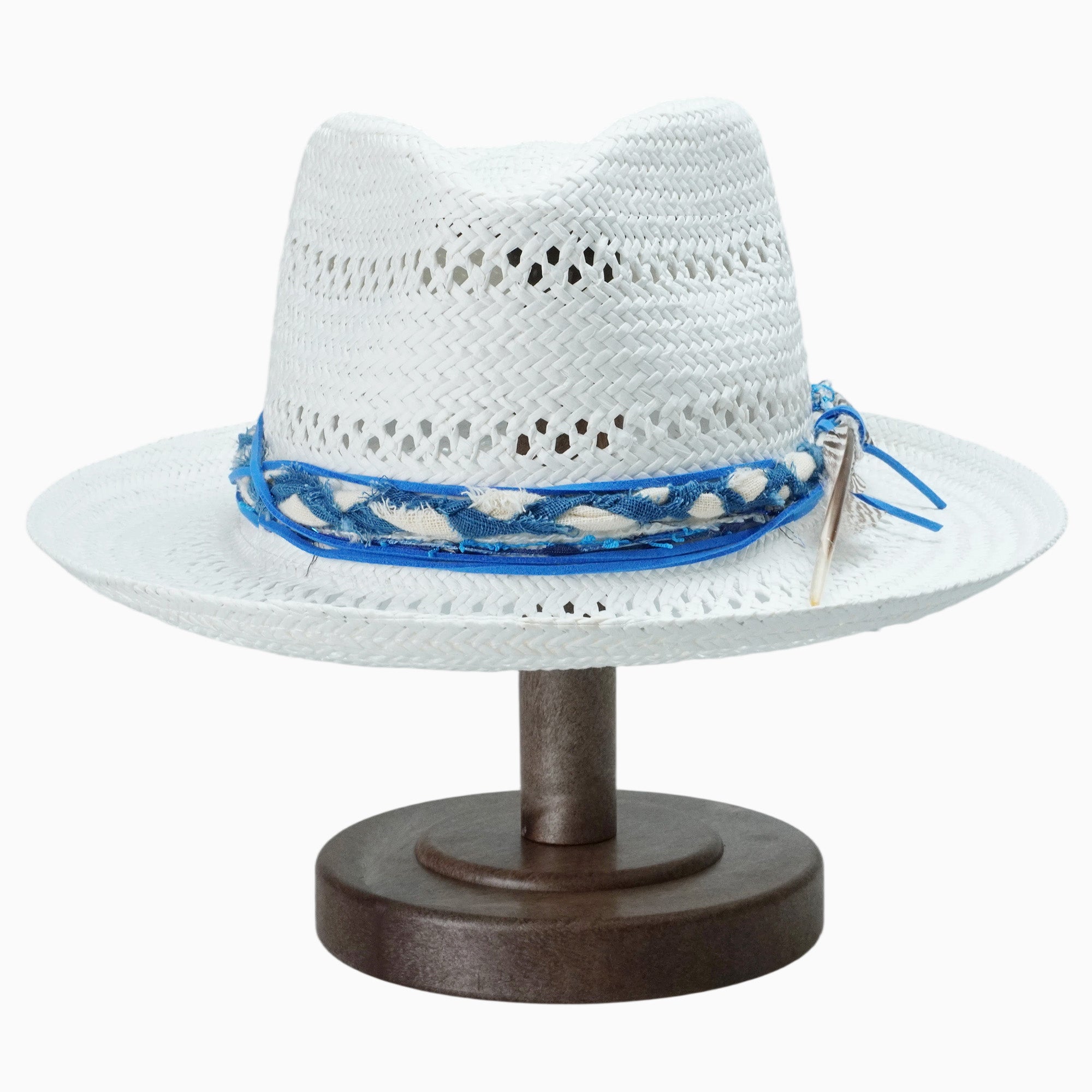 White Breathable Straw Fedora with Blue Woven Band & Feather Accent