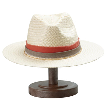 Beige Straw Hat - Flat Brim with Gold Metal Accent