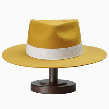 Mustard Yellow Felt Fedora with White Crocodile-Texture Band