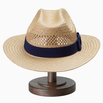 Light Brown Breathable Straw Fedora with Navy Ribbon Band & Bow
