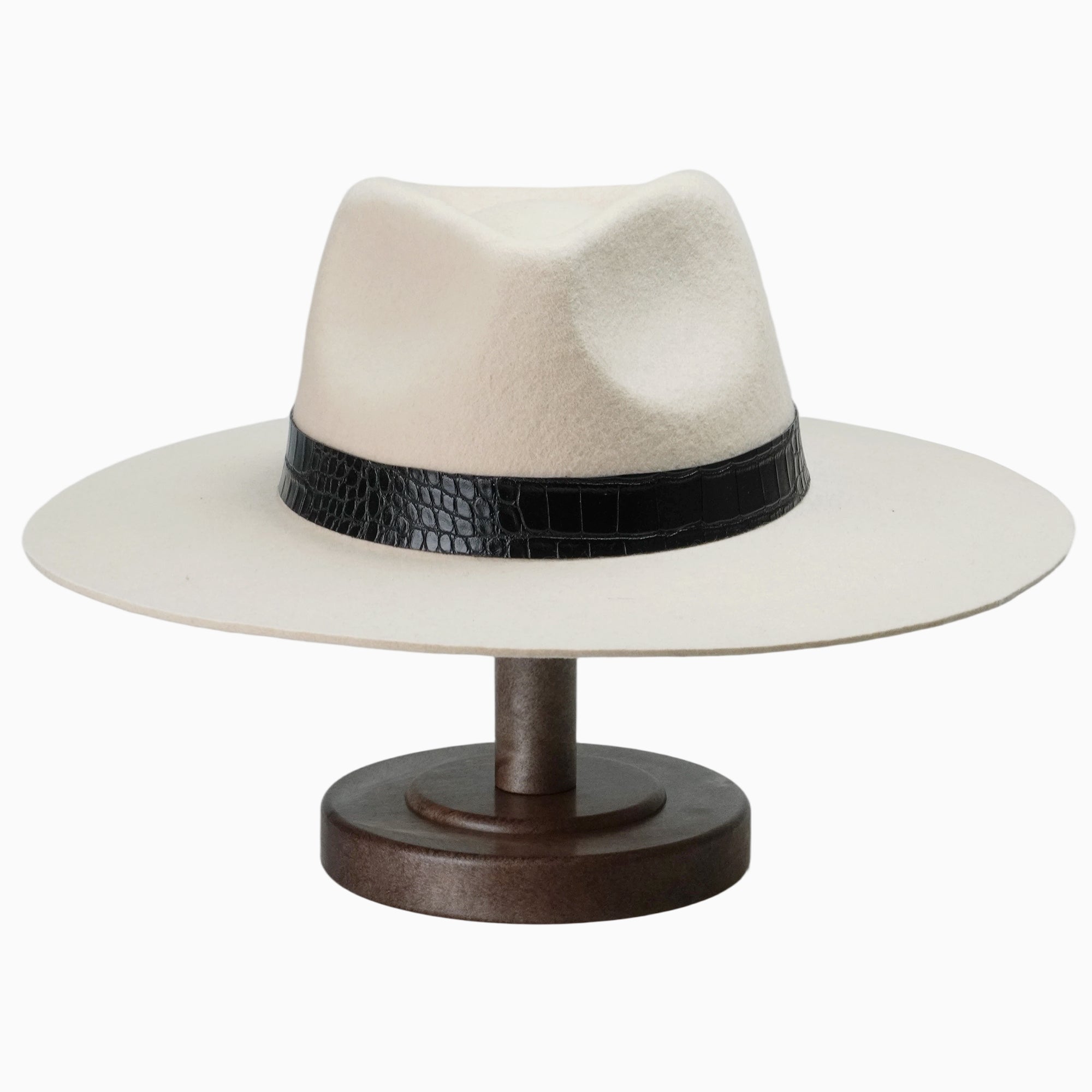 Off-White Felt Fedora with Black Crocodile-Texture Band