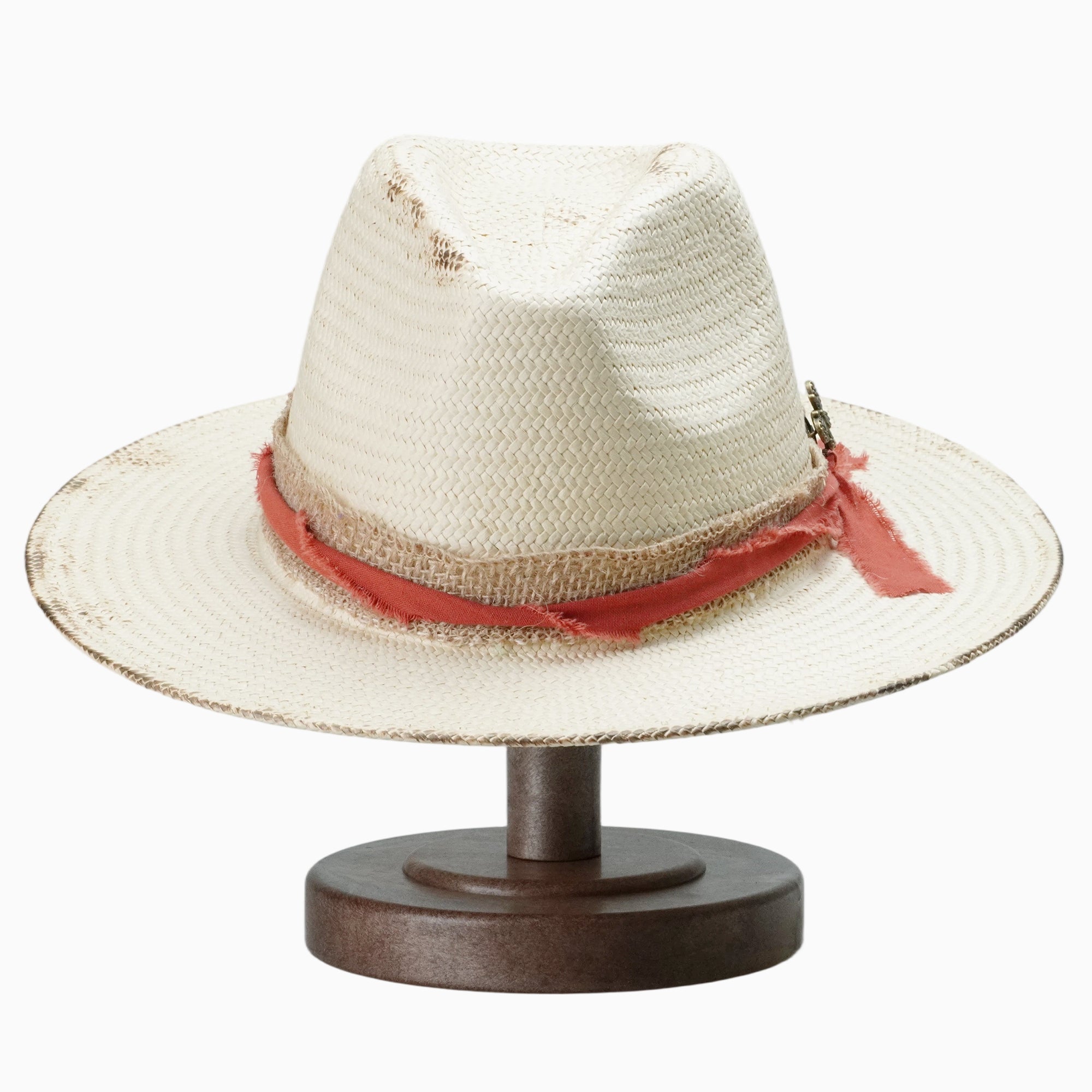 Off-White Breathable Straw Fedora with Distressed Red Band & Butterfly Pin