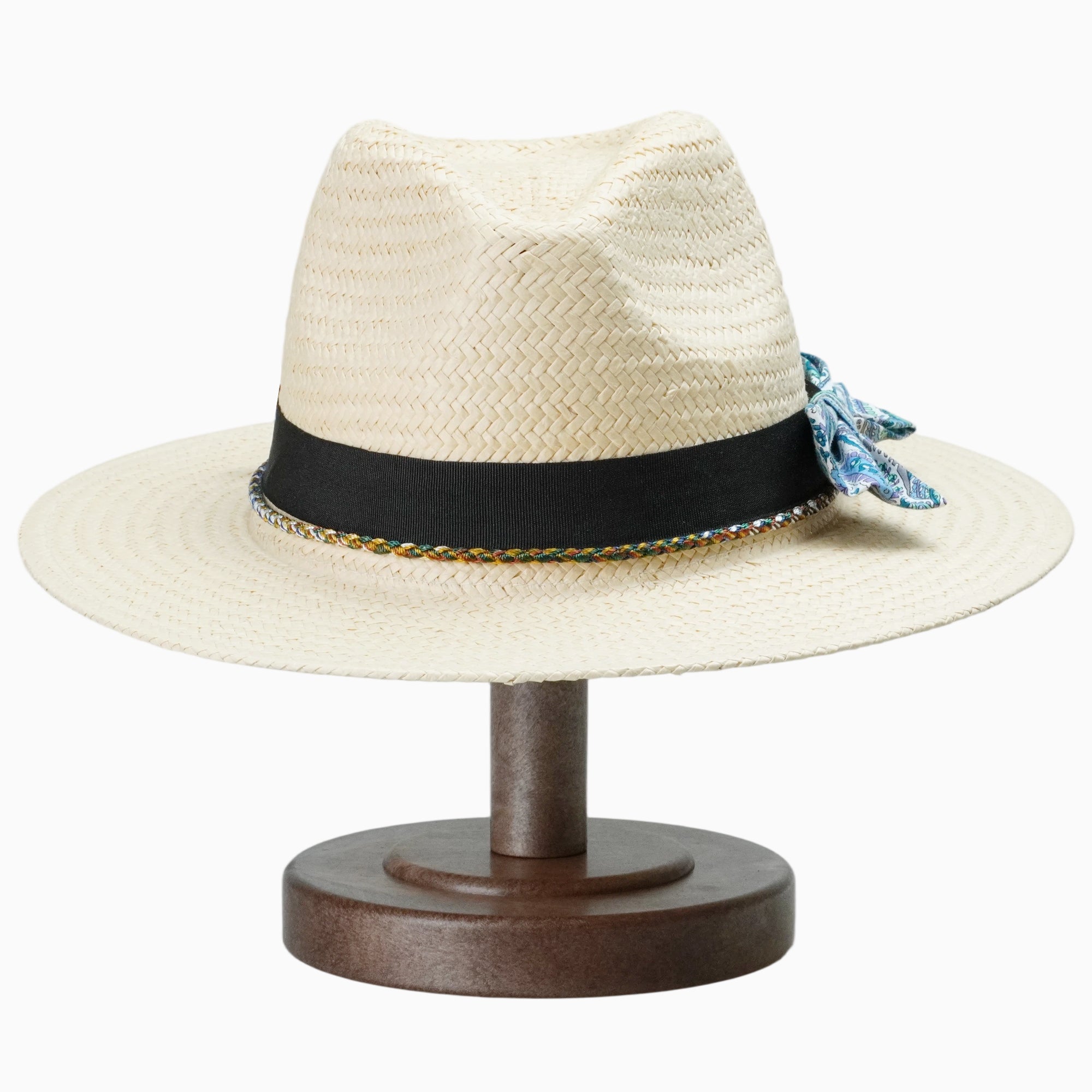 Beige Breathable Straw Fedora with Black Band & Paisley Bow