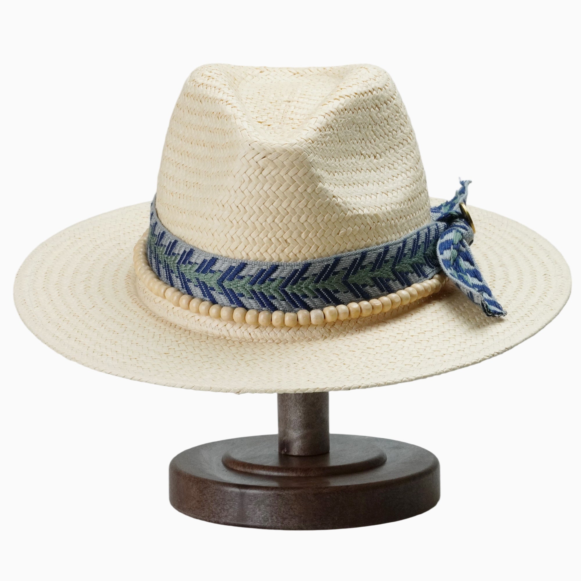 Beige Breathable Straw Fedora with Geometric Tribal Band & Wood Beads
