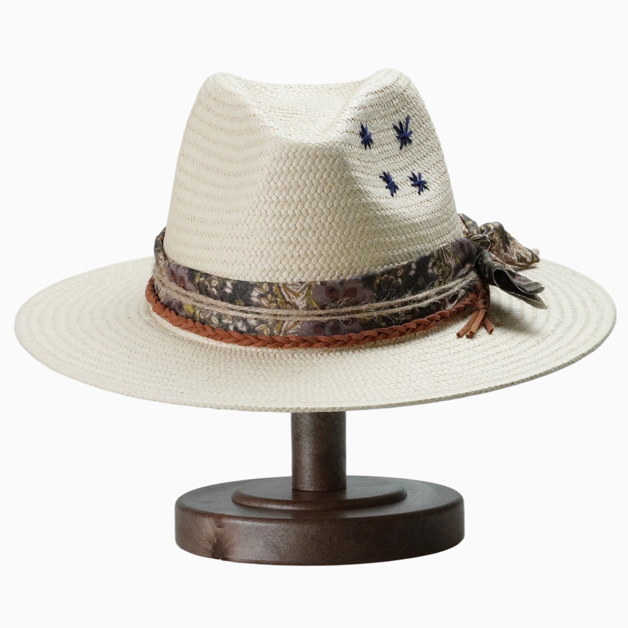 Natural Straw Fedora with Embroidered Stars & Boho Fabric Band