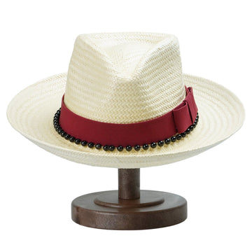 Beige Straw Hat with Dark Red Wide Band & Black Beads